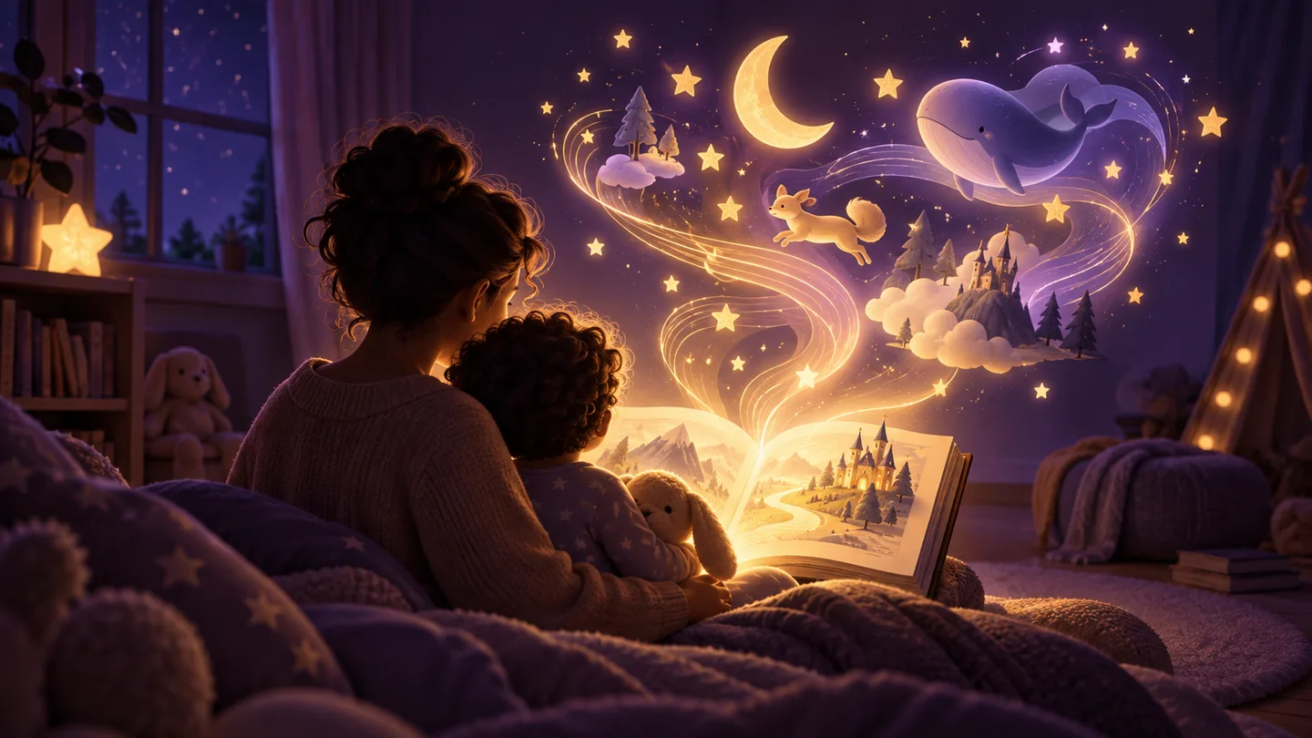 A parent and child sharing a glowing bedtime story as its characters come to life